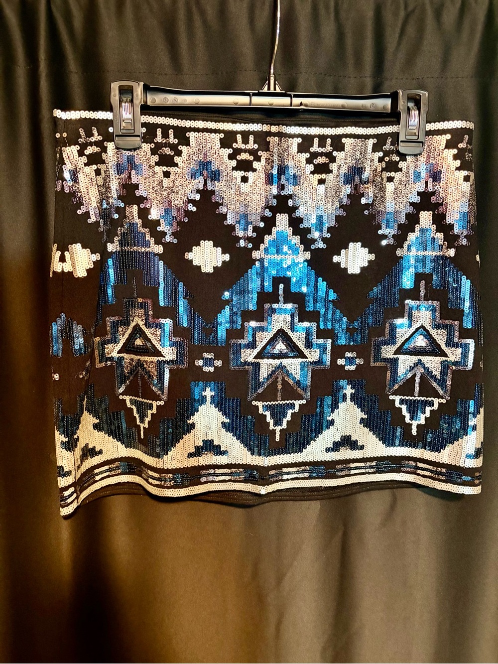 Express Blue & Black Aztec Sequin Mini Skirt